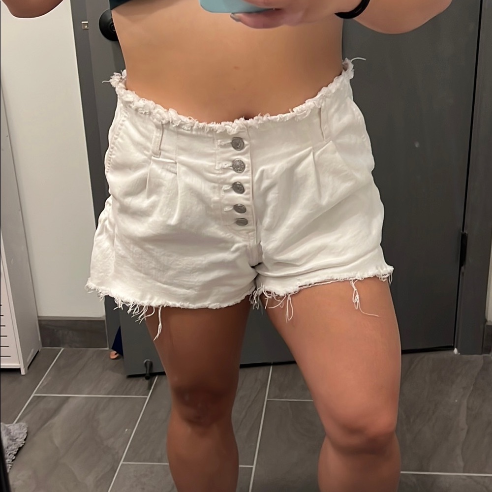 Express White High Waist Shorts with Distressed Hem